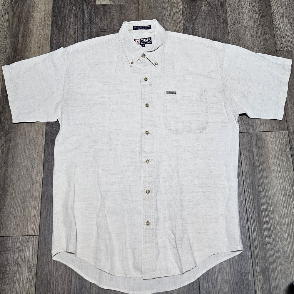 Chaps Ralph Lauren RL Short Sleeve Button Down Shirt Mens Medium Off White Linen